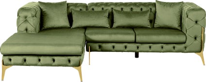 naroznik lewy welurowy pikowany zielony glamour 240x180 cm nogi zlote 1