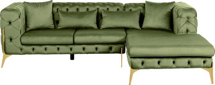naroznik prawy welurowy pikowany zielony glamour 240x180 cm nogi zlote 1